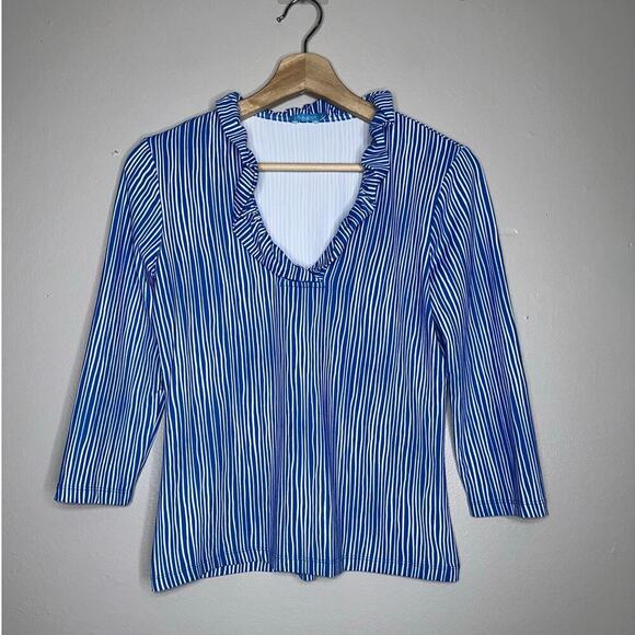 J. McLaughlin Catalina Cloth Durham 3/4 Sleeve Top Blue/White Stripe Size XS - Picture 2 of 7
